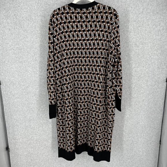 Chicos Chain Print Jacquard Long Cardigan Size L Black Brown Pockets Equestrian - Picture 3 of 11